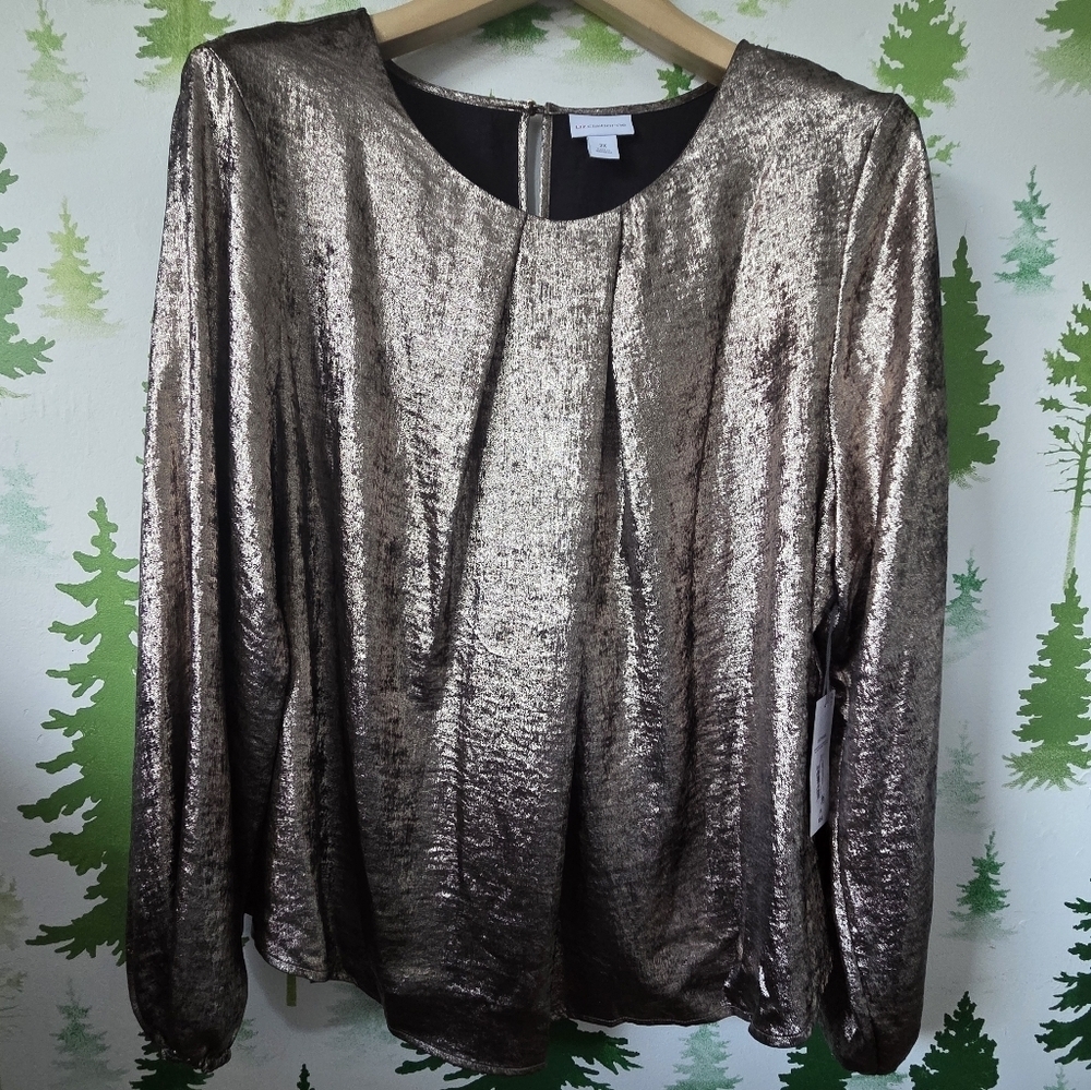 Liz Claiborne Gold Foil Satin Round Neck Balloon Long Sleeve Blouse